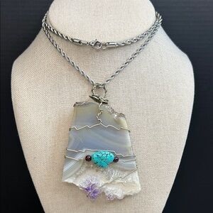 Handcrafted Silver and Sliced Stone Pendant Necklace